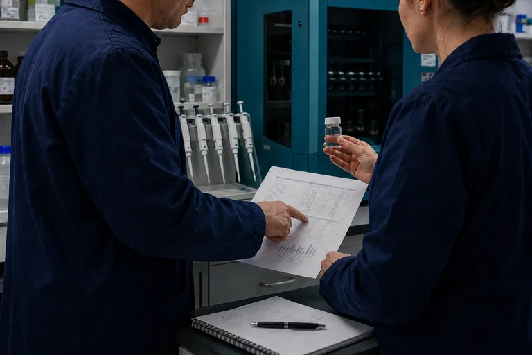 Representative laboratory professionals reviewing a sample and project documentation.