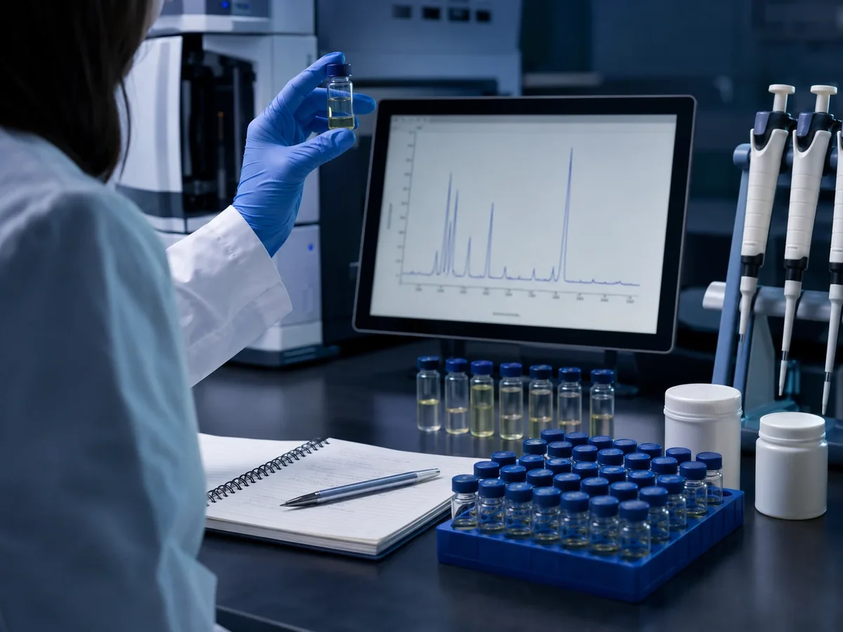 Representative laboratory professional comparing a product sample with analytical results.